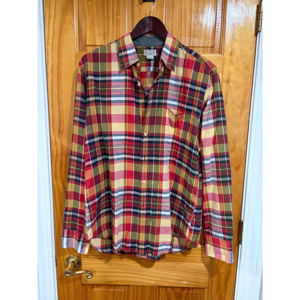 J.Crew Men’s Tailored Fit Plaid Button Down Shirt Red Green Yellow Cotton M Holi